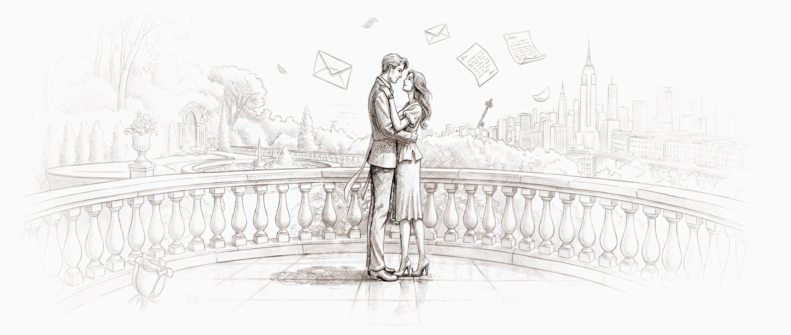 An illustrated sketch of an open book where people and story elements are emerging from the pages
