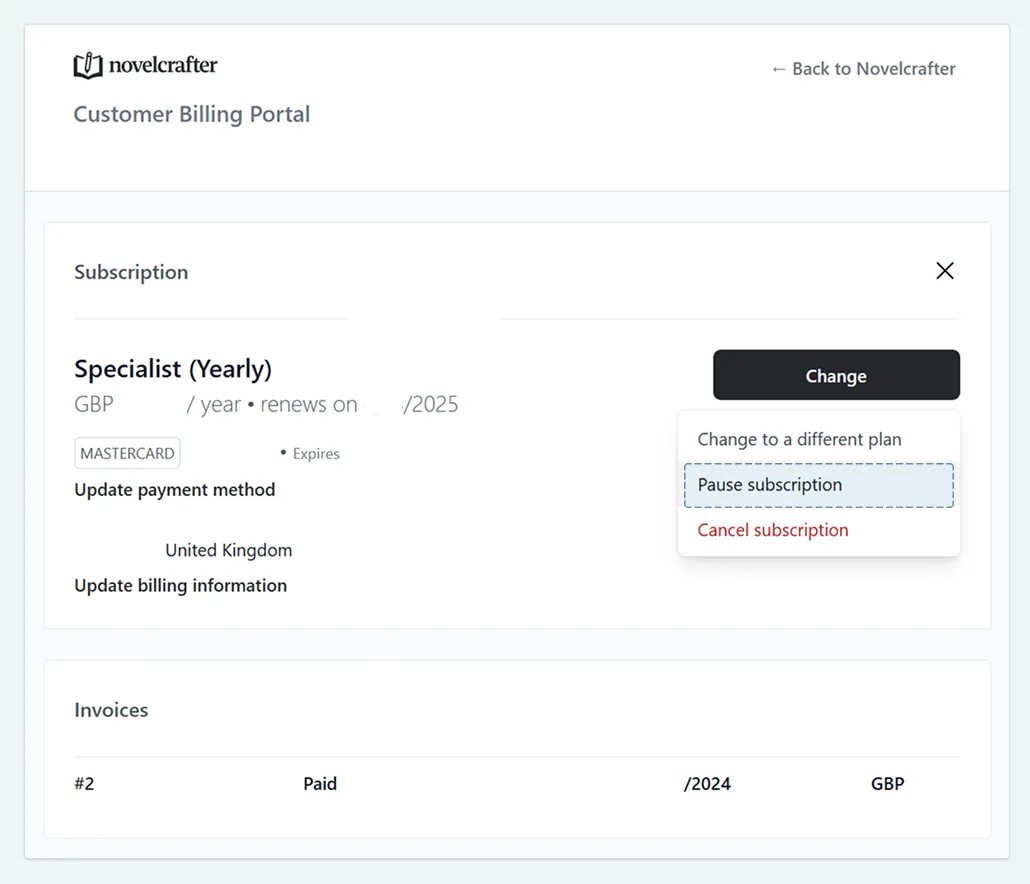 The billing portal for your current subscription, showing the plan, interval, and past invoices