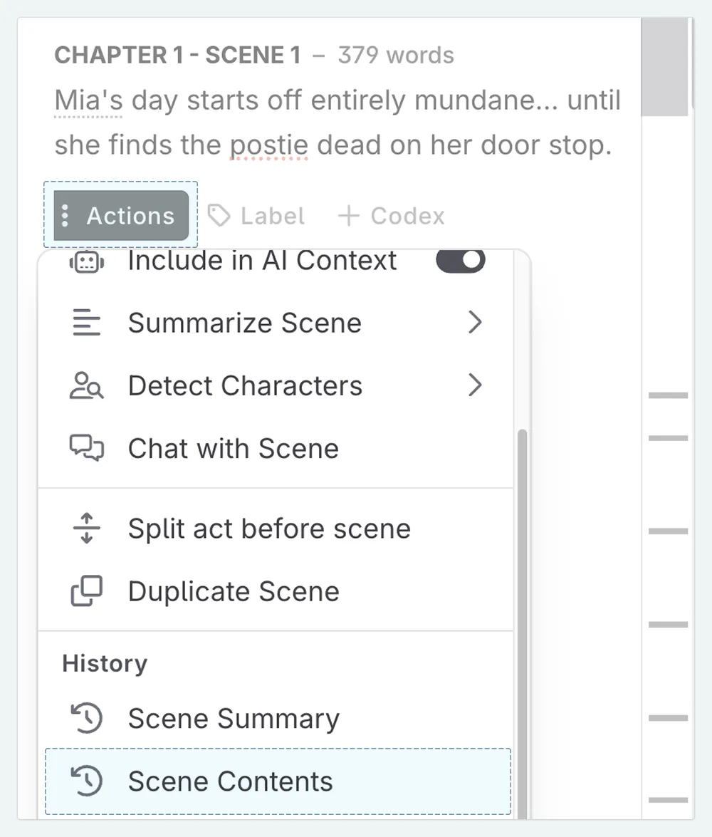 image of the write interface with the actions menu open and the revision history option highlighted