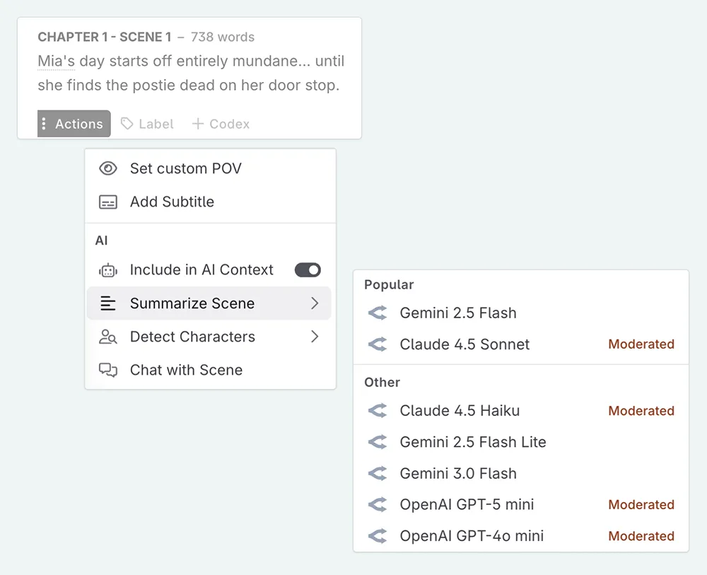 an image showing the summarize scene option in the actions menu