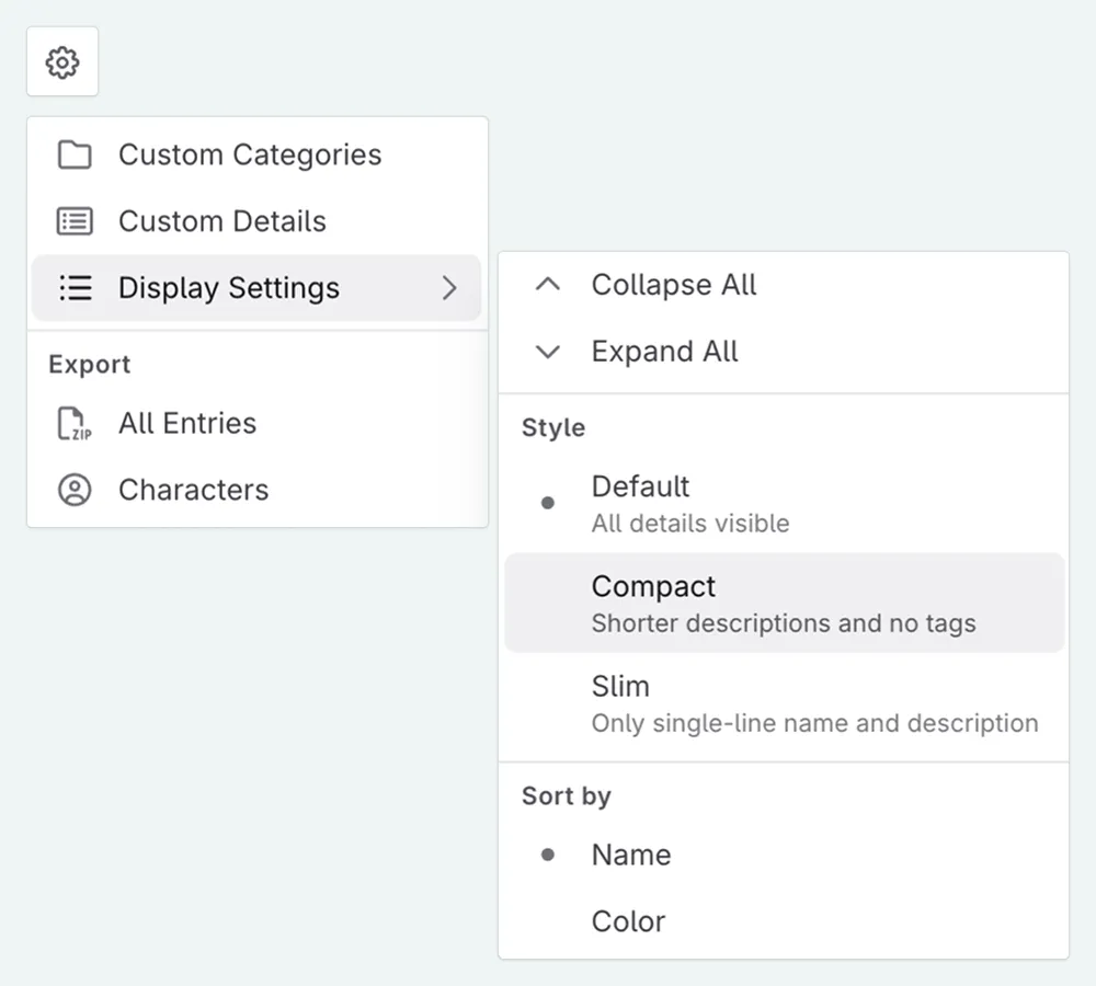 The Codex sidebar cog icon with the display settings menu open