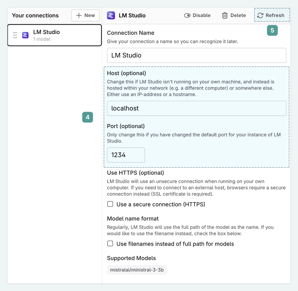LM Studio connection settings